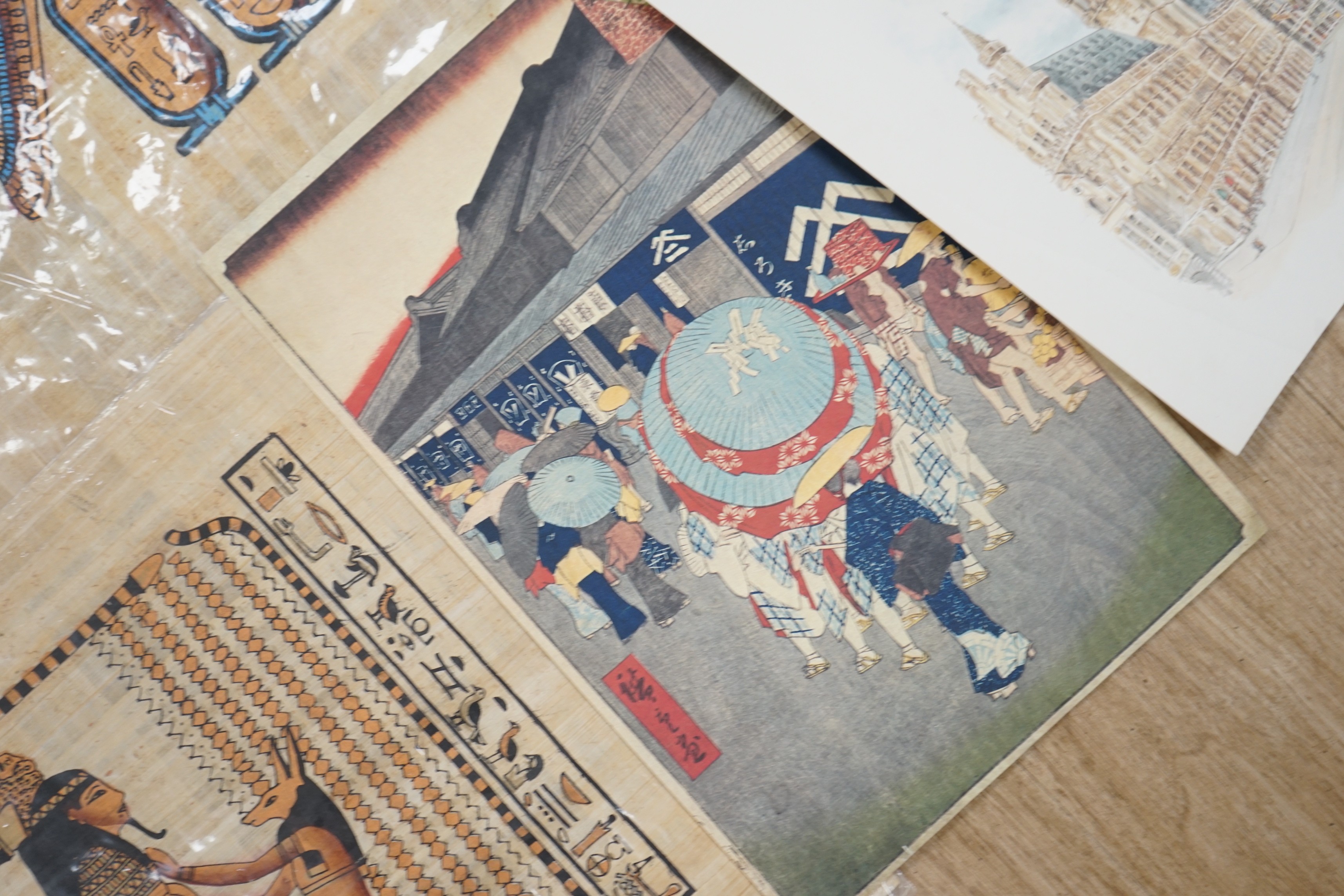 A group of assorted pictures and prints including Egyptian papyrus paintings, 41 x 33cm